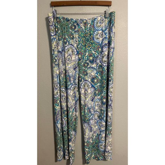 Chico's Pants Womens 3 US XL Blue Green Paisley Pull On Wide Leg Cropped Stretch - Picture 1 of 9